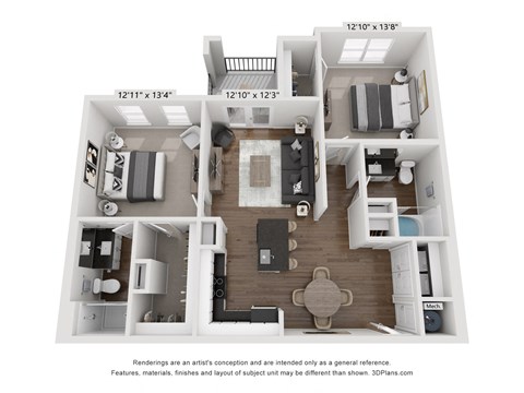a stylized floor plan of a 1 bedroom apartment